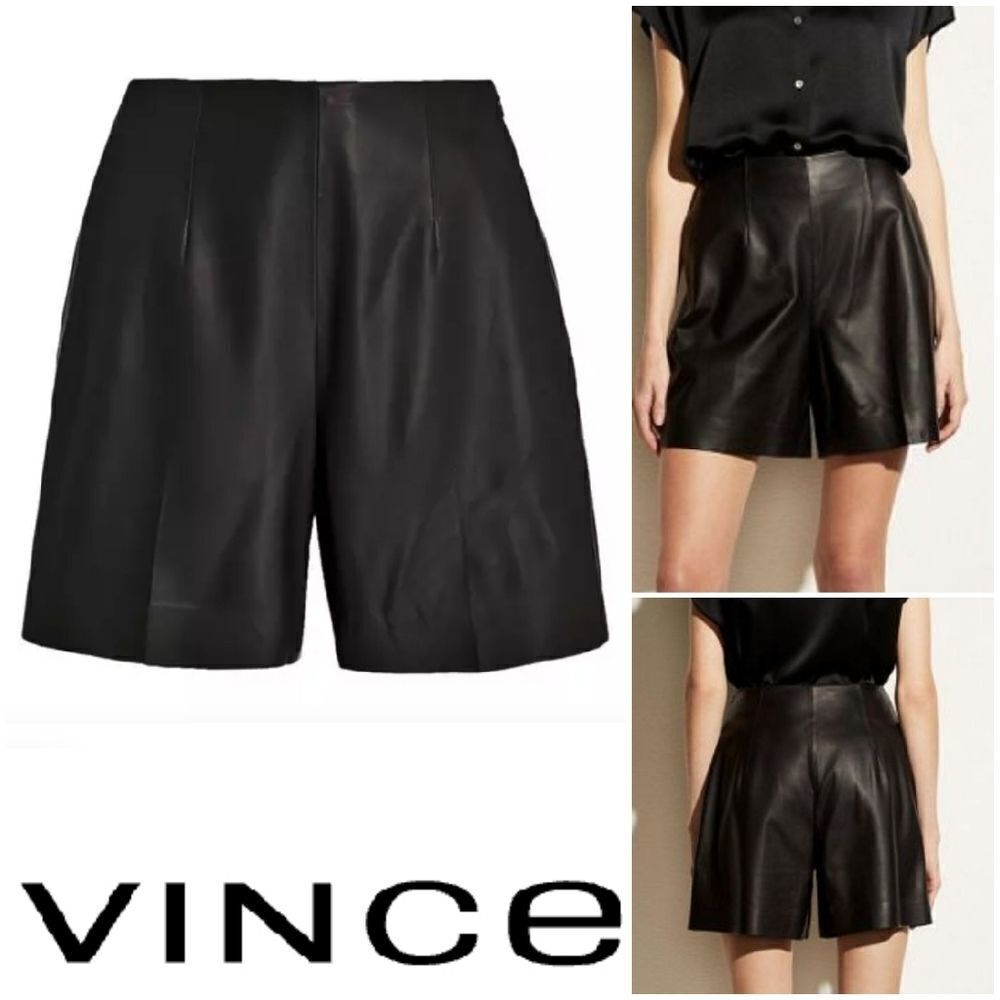 Vince Women's Black Leather Hidden Side Zipper Summery Style Shorts Size…